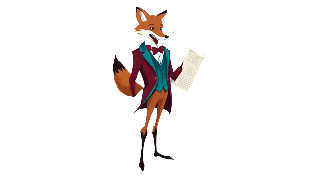 The site's emblem: a fox cloakroom attendant in a crimson tailcoat and teal waistcoat, holding out a printed paper ticket