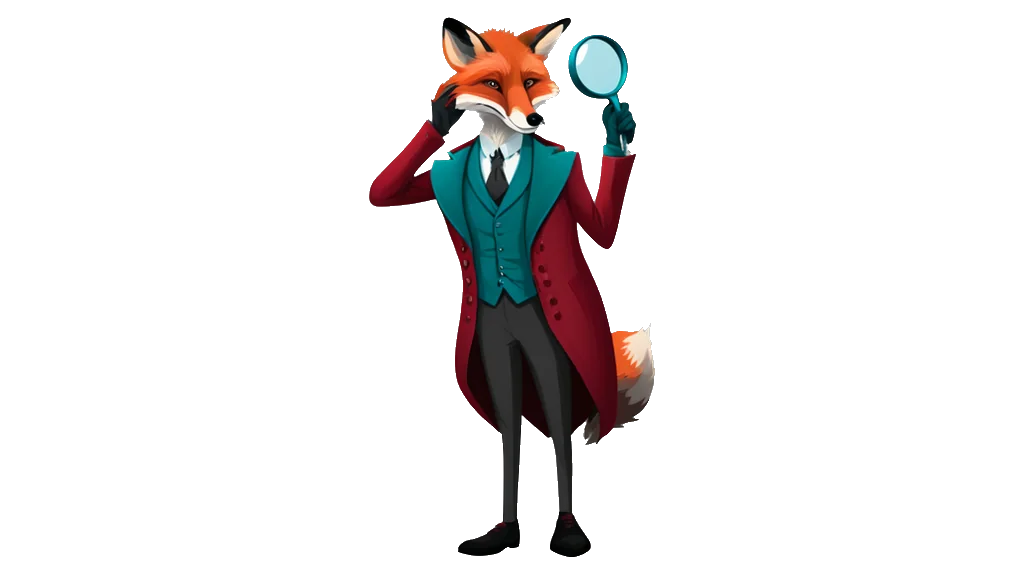 Drawing: the site's fox cloakroom attendant holds a magnifying glass up in one hand and squints at a small paper ticket in the other