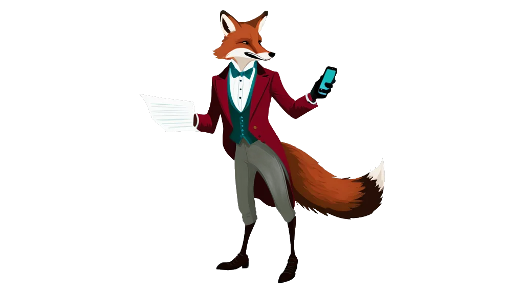 Drawing: the fox cloakroom attendant holds a phone in one hand and a paper ticket in the other, holding the two side by side to compare them