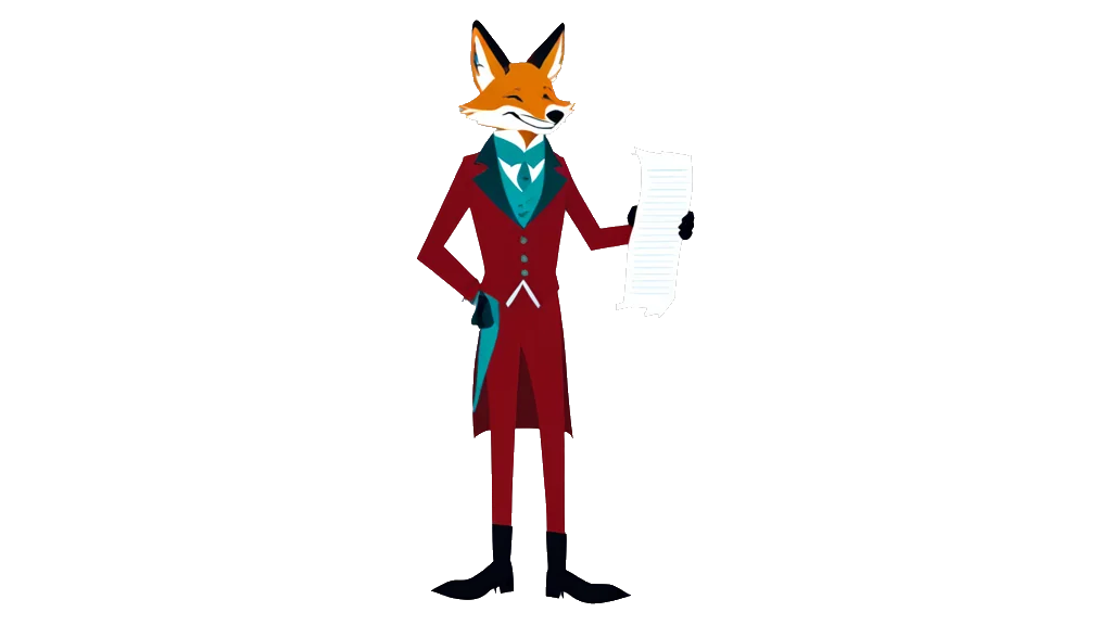 Drawing: the fox cloakroom attendant holds up a long paper strip of torn ticket stubs that unrolls past his feet, counting them off