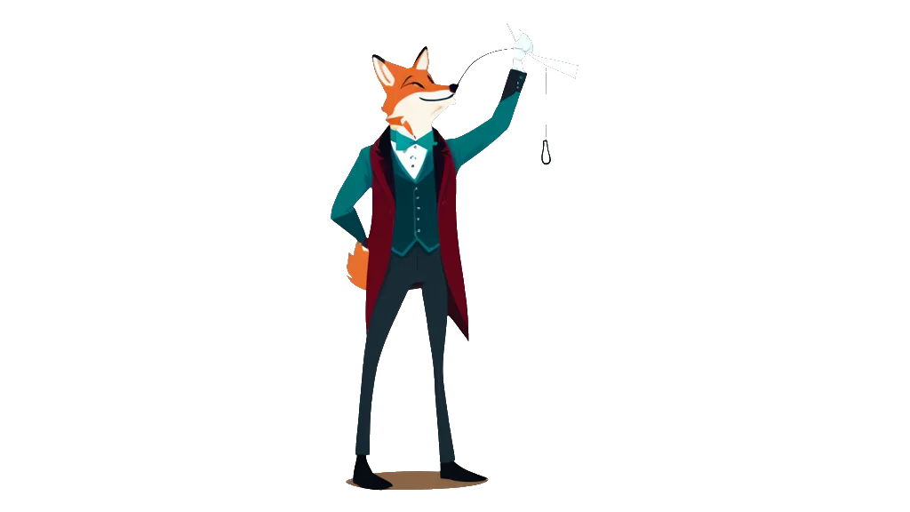 Drawing: the fox cloakroom attendant reaches up and hangs a paper ticket on a hook, letting go of it
